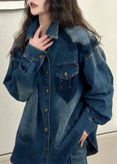 Camisas vaqueras con botones y cuello Peter Pan azul, abrigos de manga larga